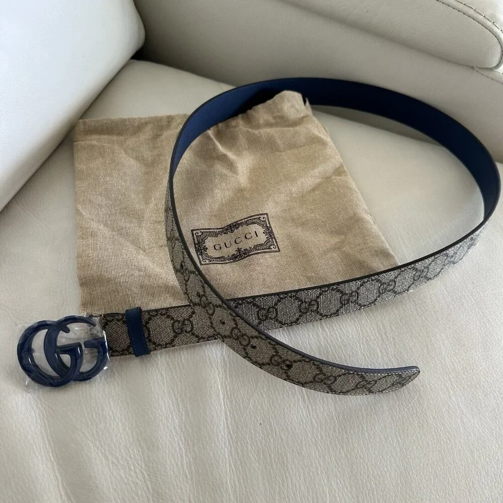 New Gucci Belt GG Supreme Monogram Calfskin Enamel 30mm Belt 105 Cm 42 In Blue - Picture 6 of 8
